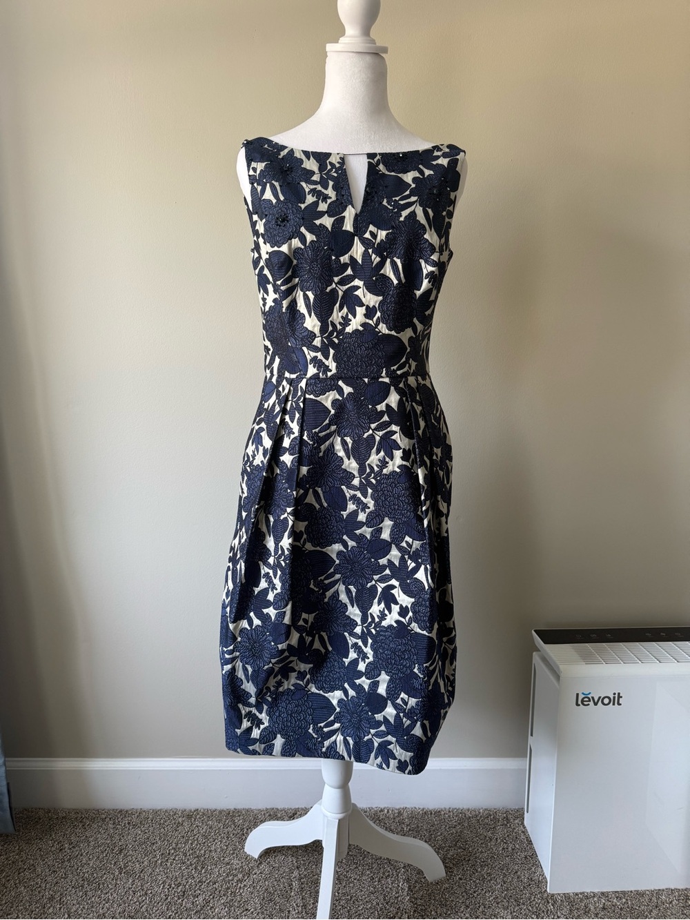 Kay Unger Navy and Ivory Floral Jacquard Midi Dress